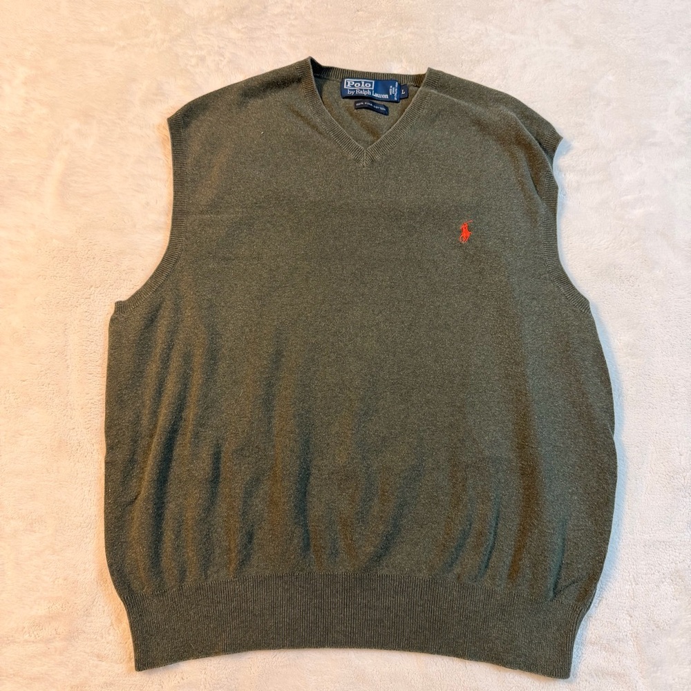 Vintage Polo by Ralph Lauren Olive V-Neck Sweater Vest with Red Pony